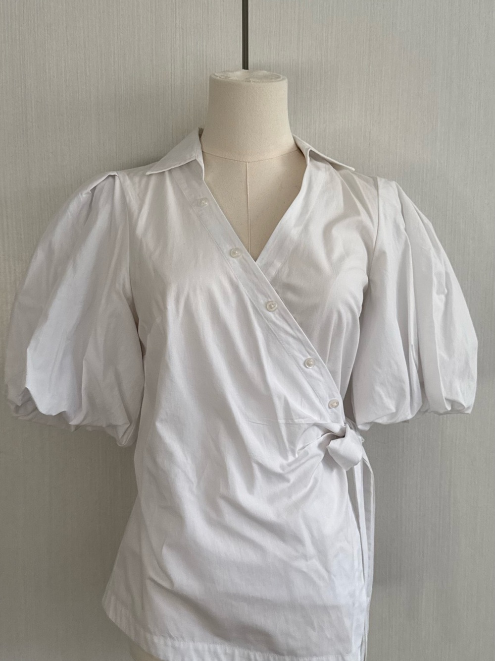 Anthropologie White Puff-Sleeve Wrap Blouse